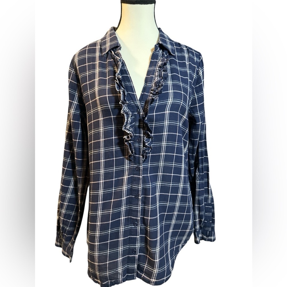 Joie Blue and White Ruffled Long Sleeve Blouse
